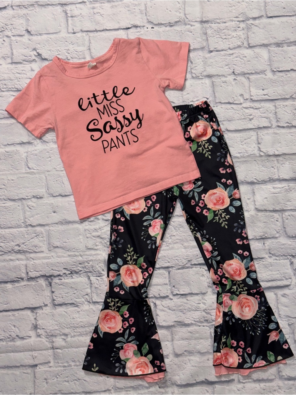 Pink Top with Black Floral Ruffle Pants Kids Matching Set